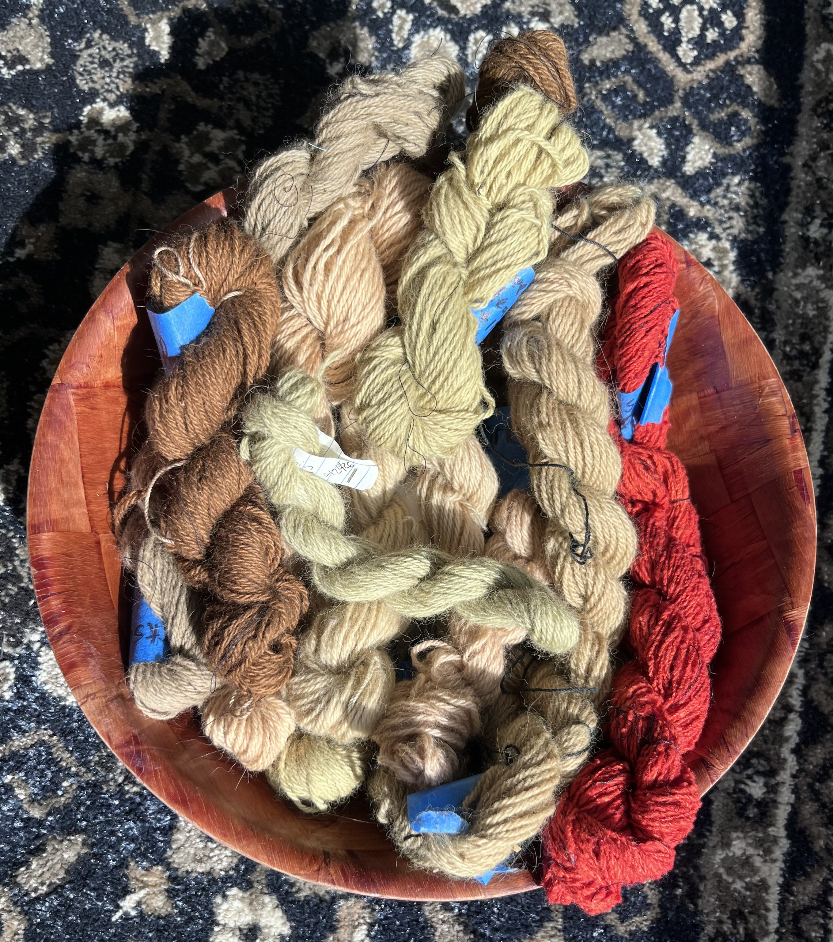 Photo of a bowl of yarn skeins.